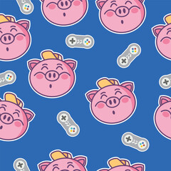 Cute Pig Boy and Game Controller in a Seamless Pattern