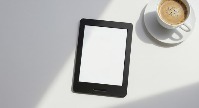 E-reader with Coffee Cup in Morning Light Digital Reading Lifestyle Concept
