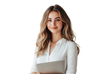 Business professional standing confidently with laptop, smiling and sharing digital content while increasing online presence and media exposure