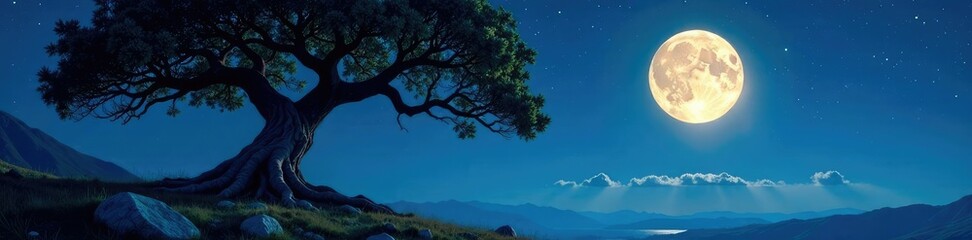 Fototapeta premium Un ?rbol con tronco grueso y ramas retorcidas bajo la luz de la luna, tronco, noche estrellada, noche