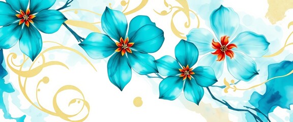 Fototapeta premium Abstract watercolor turquoise flower blossoms, gold swirls, marbled ink texture on white , ethereal, stylish