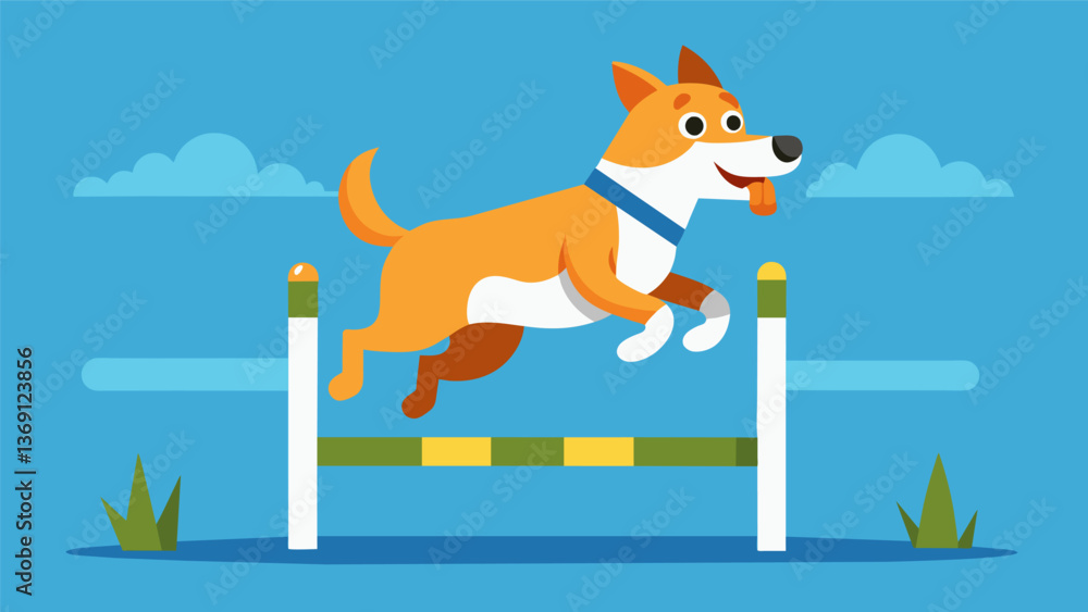 Poster a puppy excitedly jumps over a hurdle as its owner teaches it the jump command during a lively train