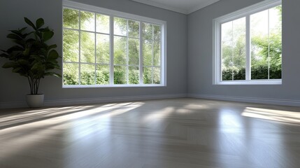 Fototapeta premium Bright, sun-drenched room with large windows