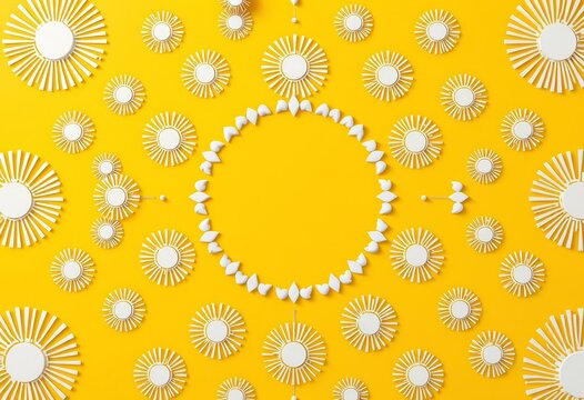 Abstract white sun geometric circle repeat pattern on yellow background , art, backdrop