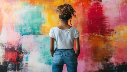 Fototapeta premium Woman standing in front of colorful abstract mural in urban art gallery during daylight hours