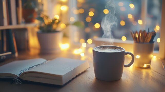 Cozy scene: coffee, open book, and warm lights create a peaceful atmosphere.