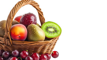 A basket brimming with fresh vibrant fruits including round juicy ones and a sliced green fru