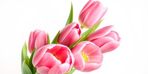 Five pink tulips in a close-up bouquet against a white background, fresh, high resolution