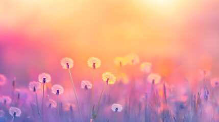 Naklejka premium Whimsical Drift: Dandelion Seeds Dance in a Pastel Sunset Field