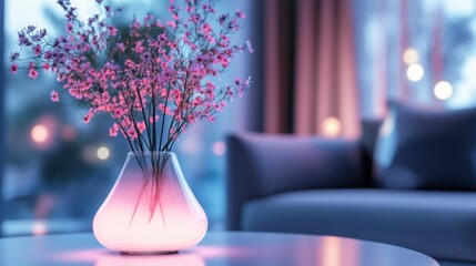 Pink flowers in a vase with soft lighting in a modern and elegant interior.