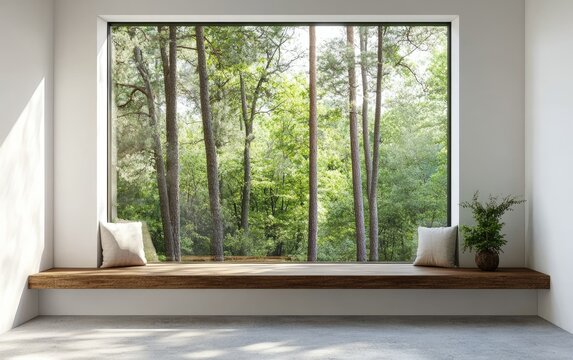 Fototapeta Modern minimalist interior with large window showcasing a tranquil forest view.  Wooden window seat