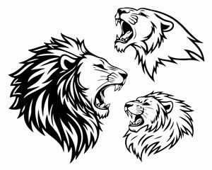 Wild Roaring Lion King Head Tattoo Set &ndash; Black and White Ink Sketch Silhouettes

