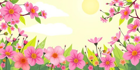 Naklejka premium Flat linear style spring vector illustration featuring blooming flowers, fresh green leaves, and sunny sky, illustration, bright