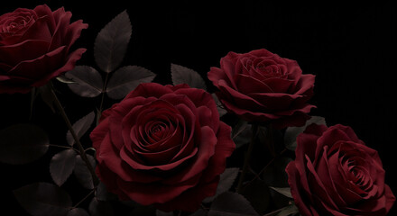 Deep Red Roses Bouquet Dramatic Elegant Floral Arrangement Black Background