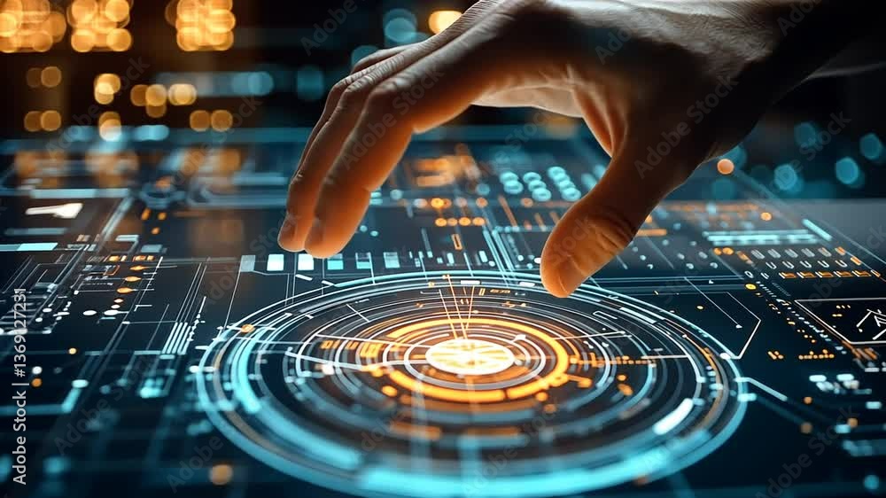Poster hand interacting with glowing circular interface on dark circuit board