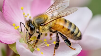 A bee is on a pink blossom, collecting nectar. Beautiful close-up.