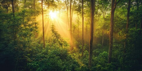 Obraz premium A serene forest scene with sunlight streaming through trees, creating a tranquil atmosphere.
