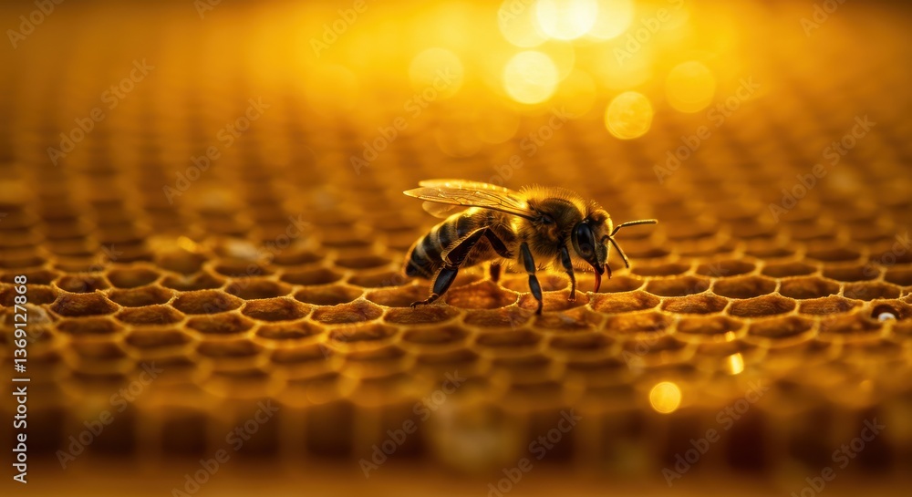 Poster a single bee on a honeycomb surface illuminated by warm golden light creating a bright and inviting 