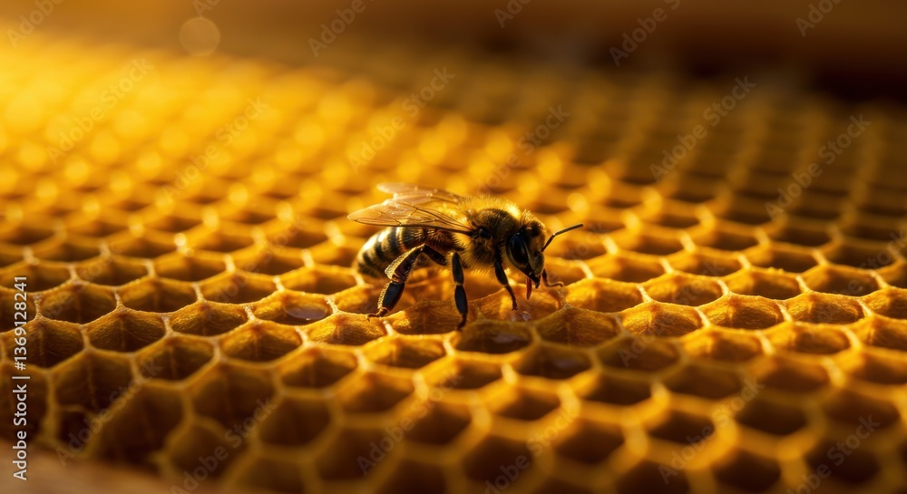 Poster a close up of a bee on a honeycomb with golden light shining on the hexagonal wax structure in a hiv