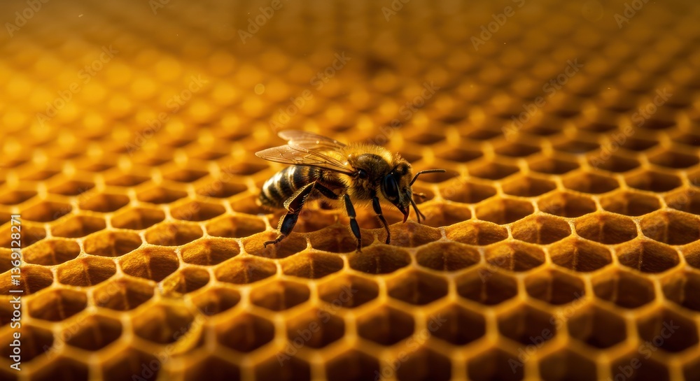 Poster a close up shot of a bee resting on a honeycomb structure with golden yellow hexagonal cells visible