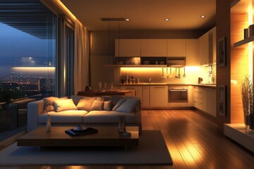 Modern Apartment Interior Shows Kitchen Living Space With City View