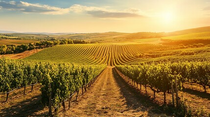 Golden Hour Vineyard Rows at Sunset