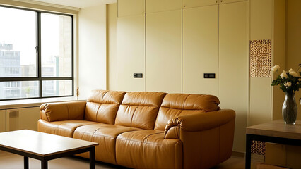 Modern living space with brown leather sofa, wooden coffee table, and city view window.