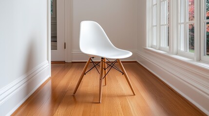 Fototapeta premium White Plastic Chair on Hardwood Floor in Bright Room