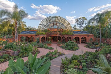 Fototapeta premium Stunning botanical garden with a unique, solar-powered, arched greenhouse structure. Lush landscaping, walkways, and tropical plants create a serene and inviting atmosphere.