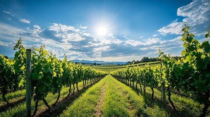 Naklejka premium Sunlit Vineyard Rows Under a Blue Sky