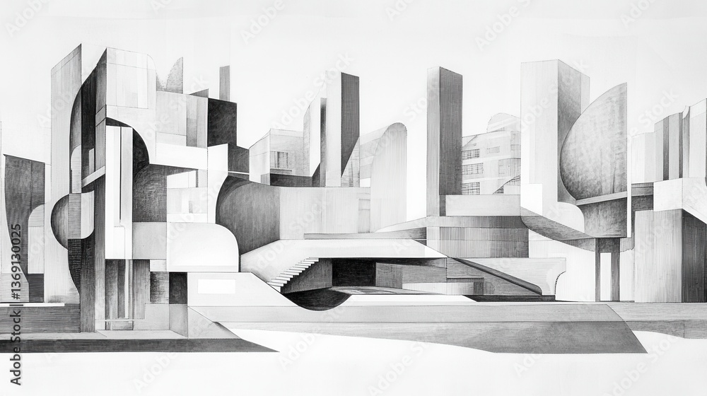 Aufkleber Conceptual architectural design showcasing modern structures in a monochromatic style with dynamic shapes and forms at an urban location