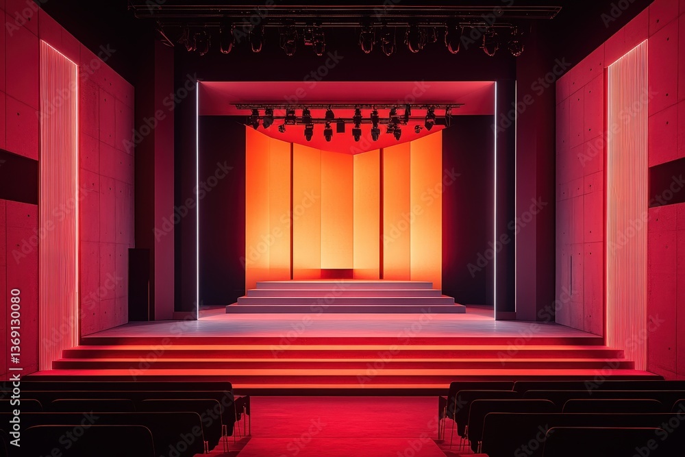 Poster dynamic stage design featuring vibrant red lighting and minimalist structure in a modern theater env