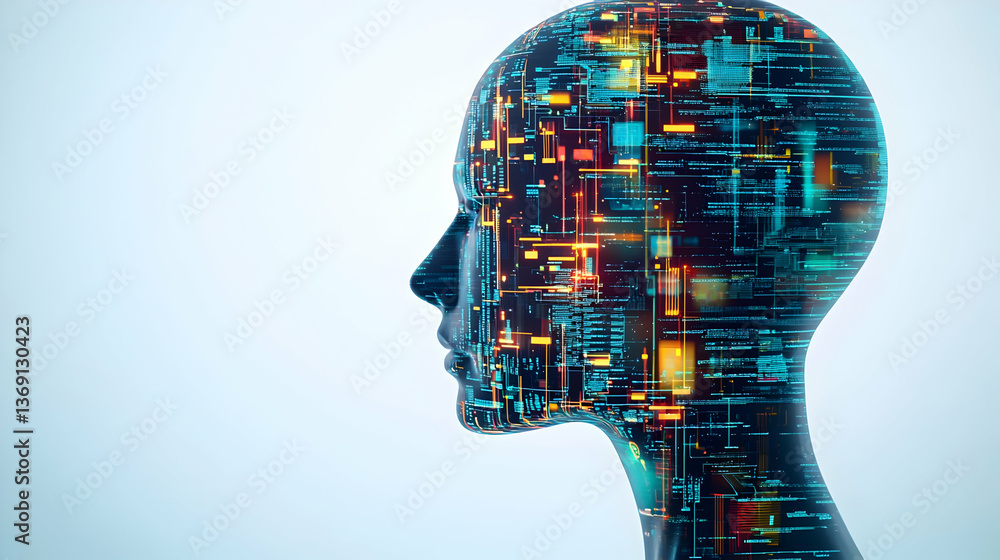 Poster digital profile of human head with code display