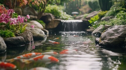Koi fish swim in a serene garden pond with a small waterfall and lush plants.