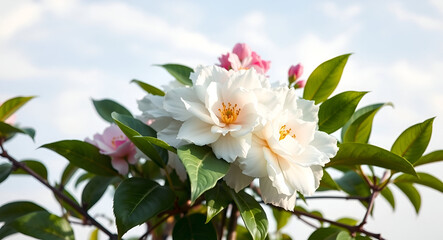 Pale Camellias: Blossoms of White and Pink.