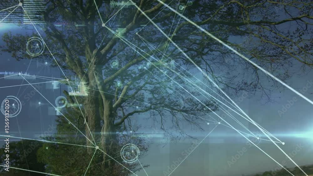 Aufkleber digital data processing animation overlaying tree branches in outdoor scene