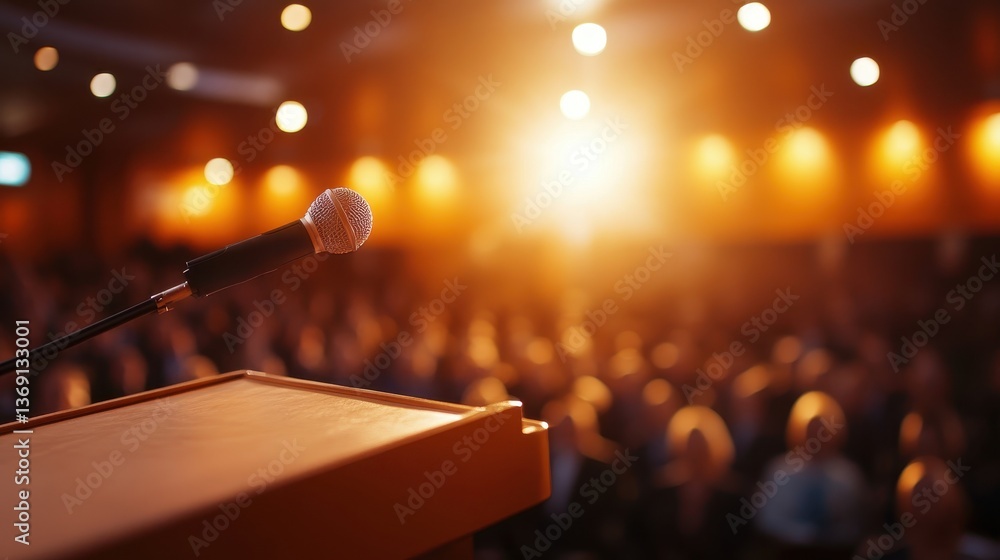 Aufkleber public speaking event featuring a microphone and audience in a well-lit hall during an evening sessi