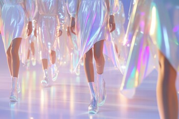 Futuristic fashion trend incorporating smart wearable technology and glossy fabrics