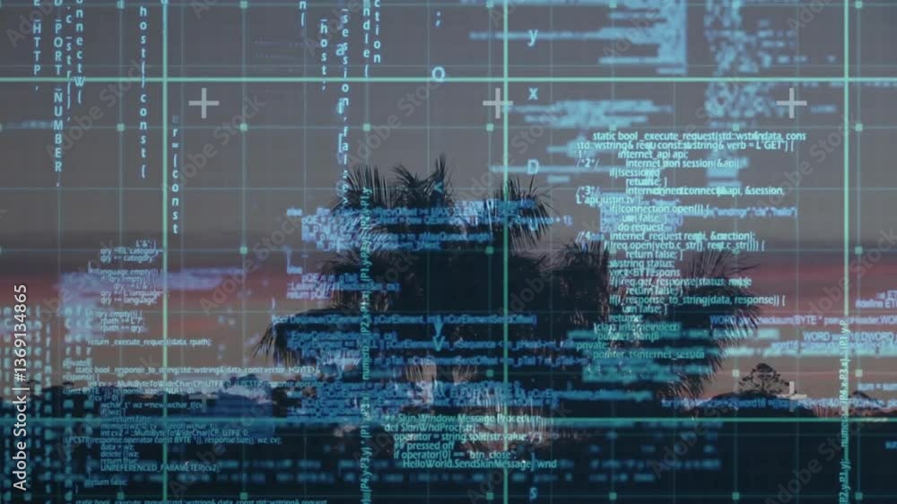Poster digital code and data processing animation over tropical landscape with palm trees