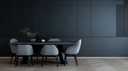 Modern dining room interior design.  Dark grey walls, light grey chairs, dark table,  minimalist aesthetic.  Neutral color scheme