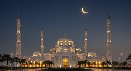Naklejka premium Illuminated Mosque Under Crescent Moon at Night with Palm Trees
