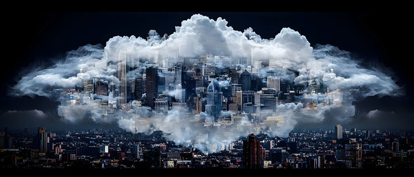 Fototapeta City in the Clouds at Night: Dark Skyline, Dramatic Lighting
