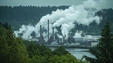 Fototapeta premium Industrial Plant Emissions Smoke Stacks Air Pollution Factory Green Landscape Environmental Concerns