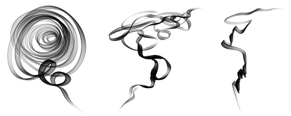 Realistic Black Smoke Swirls Abstraction – Dark, Ethereal Smoke Effects Isolated on White or Transparent Background for Creative Overlays and Brush Sets Imitating Smoke Patterns