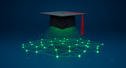 A black graduation cap with a vibrant red tassel hovers above a glowing digital network, symbolizing the integration of education and technology