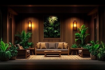 Fototapeta premium A 3D-rendered modern hospice room with soft lighting, cozy furniture, and a calming atmosphere