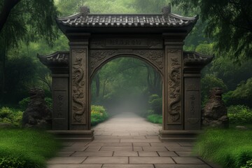Naklejka premium A beautifully detailed 3D model of an ancient iron gate, featuring dragons and floral engravings