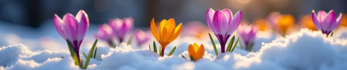 Naklejka premium Close-up of vibrant crocus flowers blooming in the melting snow , spring, purple, garden