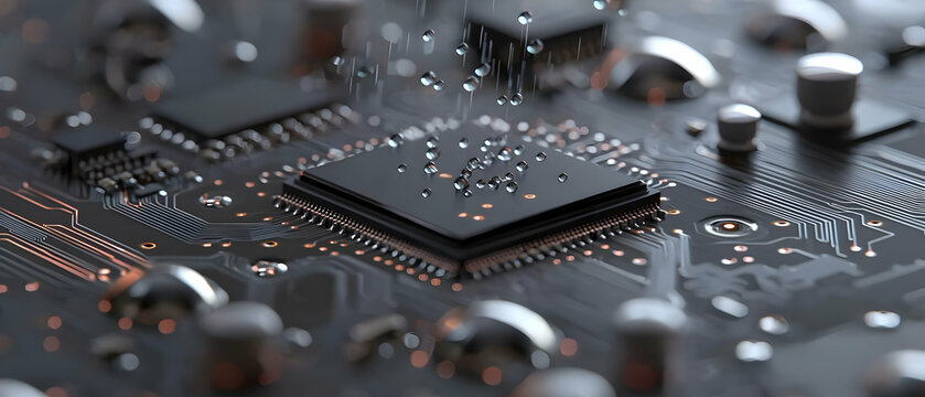 Close Up of Water Droplets Falling on a Black Circuit Board