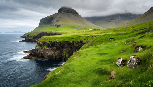 reen coastal cliffs and mountains above the sea